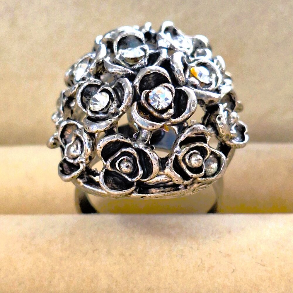 Vintage Silver Roses Bouquet Rhinestone Cluster Statement Ring-Rare Find